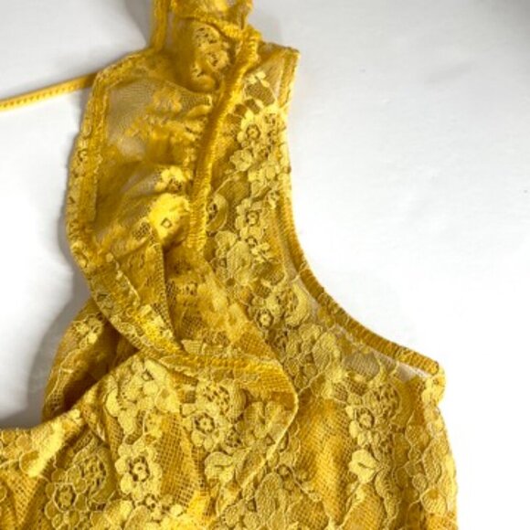 Bleuh Ciel Lace Bodysuit Yellow Sz M Floral Pattern Ruffle Neckline/Arm Openings - Picture 9 of 10